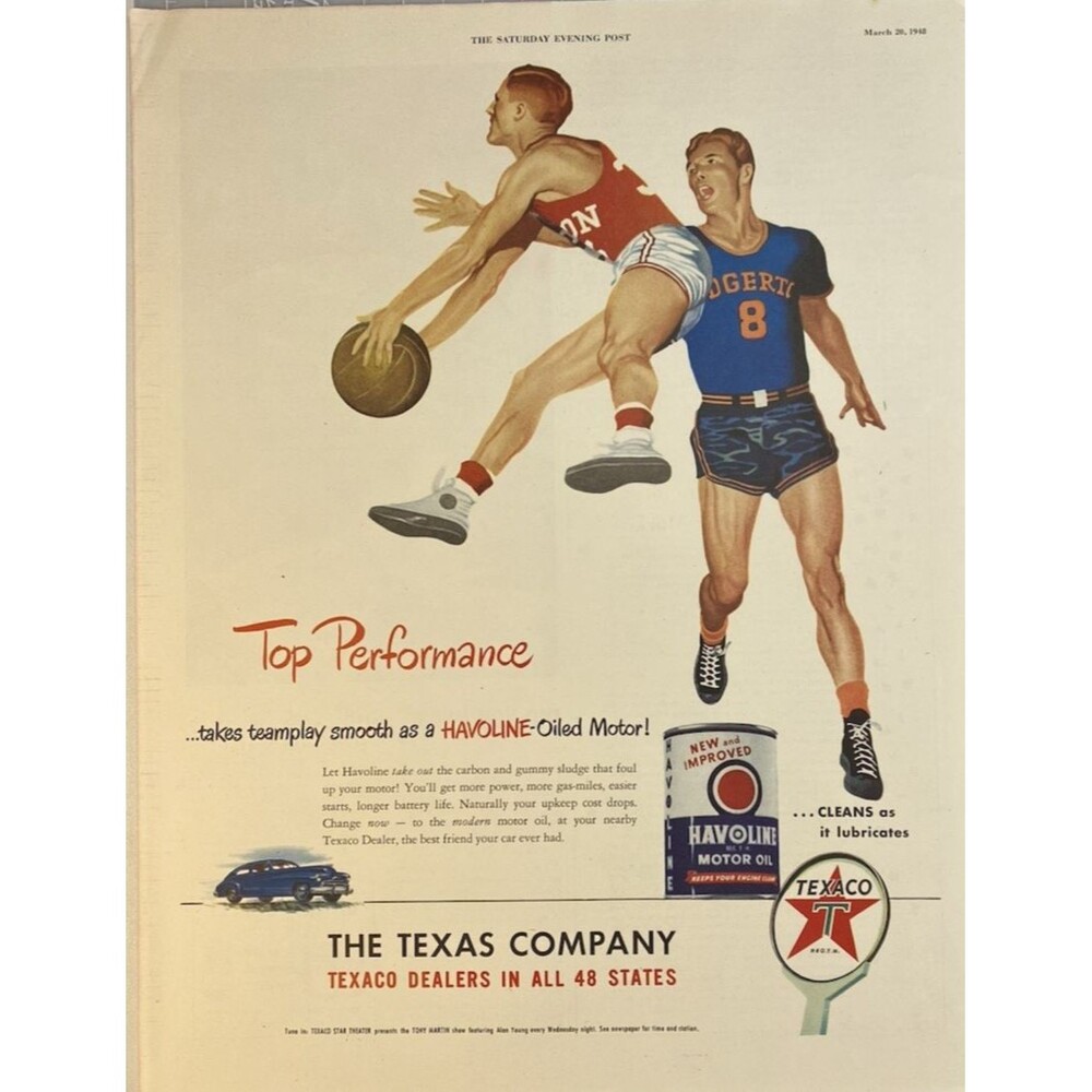 Texaco The Texas Company Havoline Motor Oil "Top Performance Basketball" Ad 1948